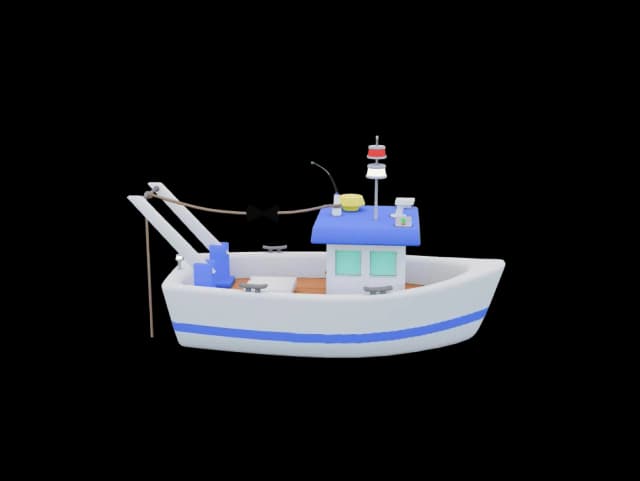 Navire en action de pêche (rendu 3D du jeu CapCôtier)